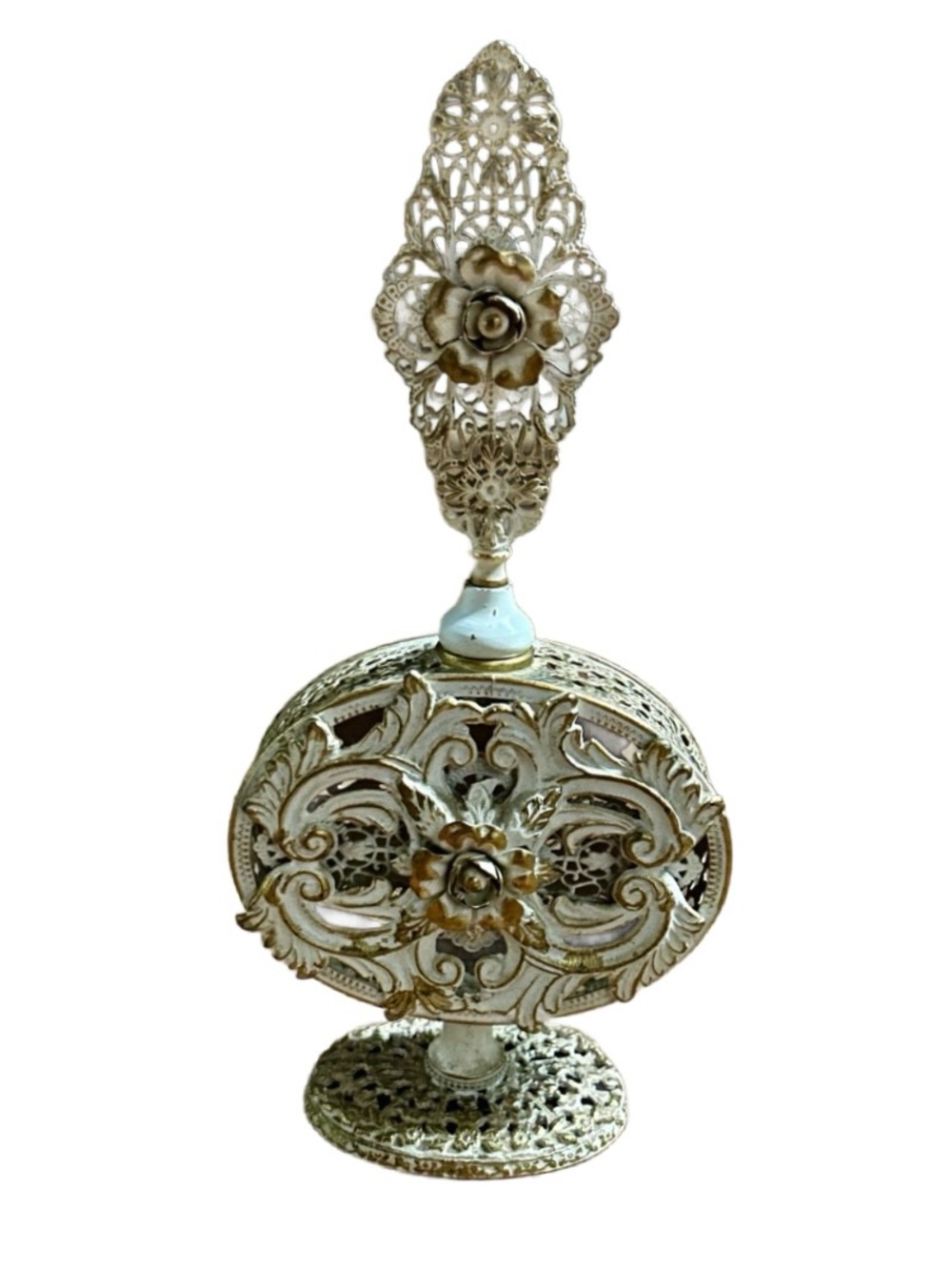 Guildcrest • Antique • White/ Gold Tone Painted Brass • Floral • Perfume Bottle
